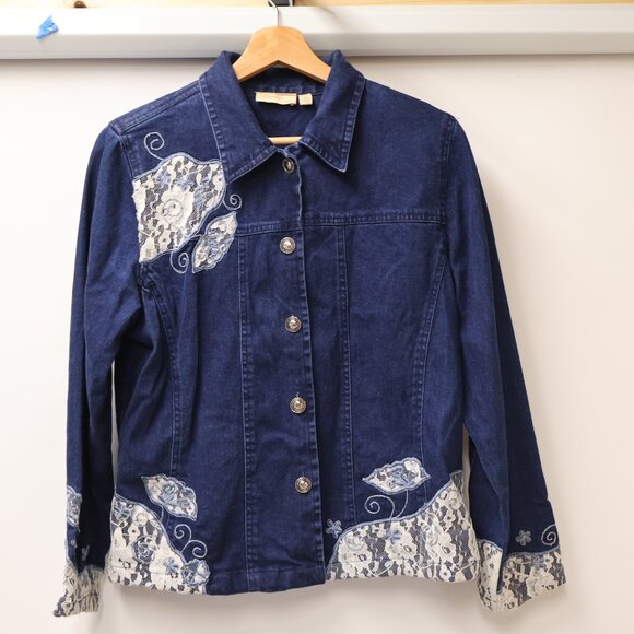Choices Stunning Denim Jacket with Lace Applique accents Size Petite Medium - Picture 13 of 16